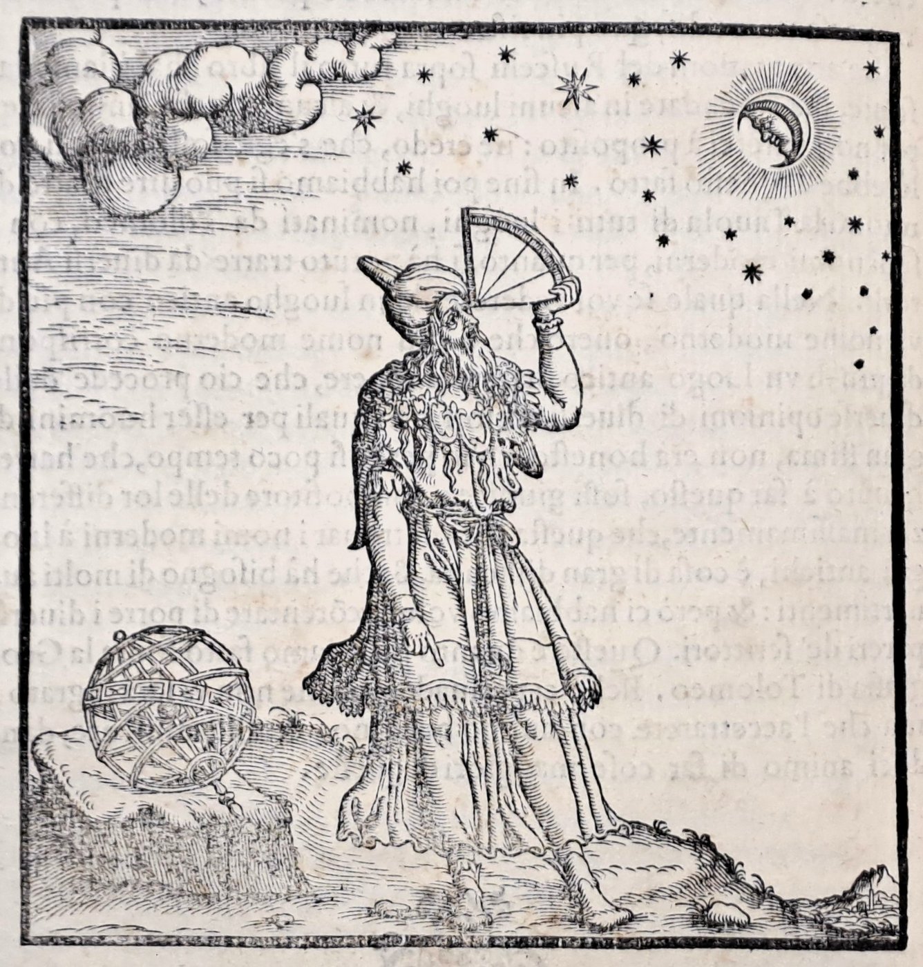 Xilografia antica: Tolomeo osserva il cielo stellato con un quadrante, accanto a una sfera armillare